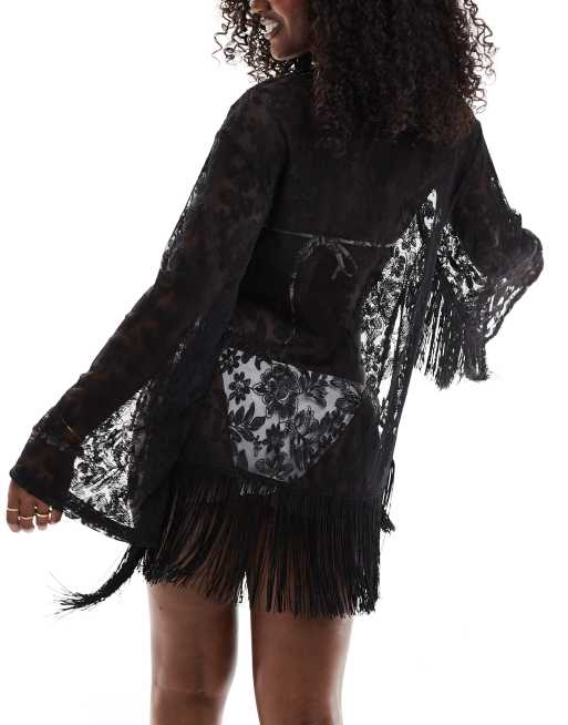 BrandLabel Black Lace Fringe Lace Open store Kimono