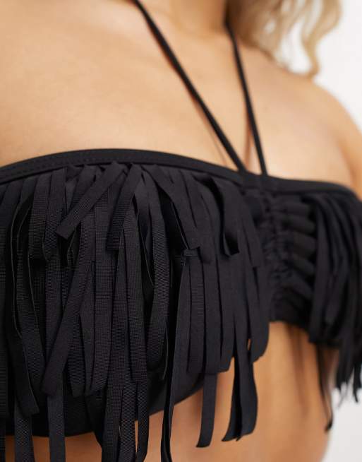 Black fringe ruched shop bandeau tankini with skirt