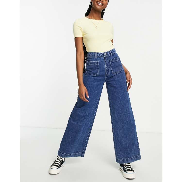 Miss Selfridge front pocket wide leg jean in midwash blue