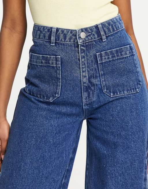 Miss Selfridge front pocket wide leg jean in midwash blue