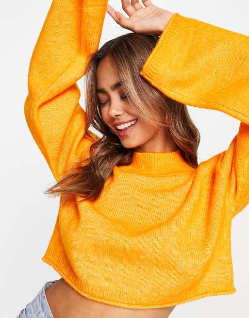 Miss Selfridge funnel batwing crop sweater in orange