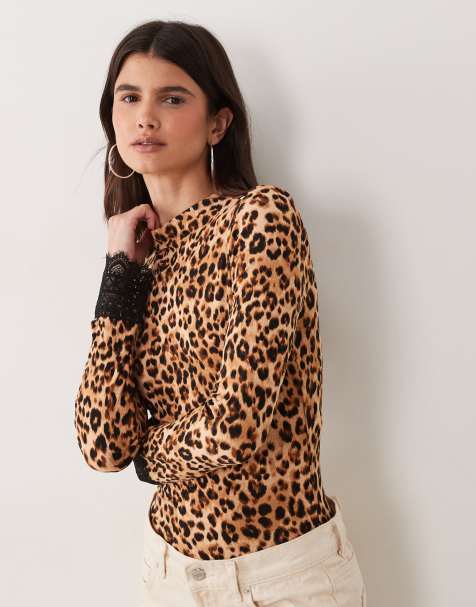 Miss Selfridge funnel neck bodysuit with lace cuff in animal print - view 1