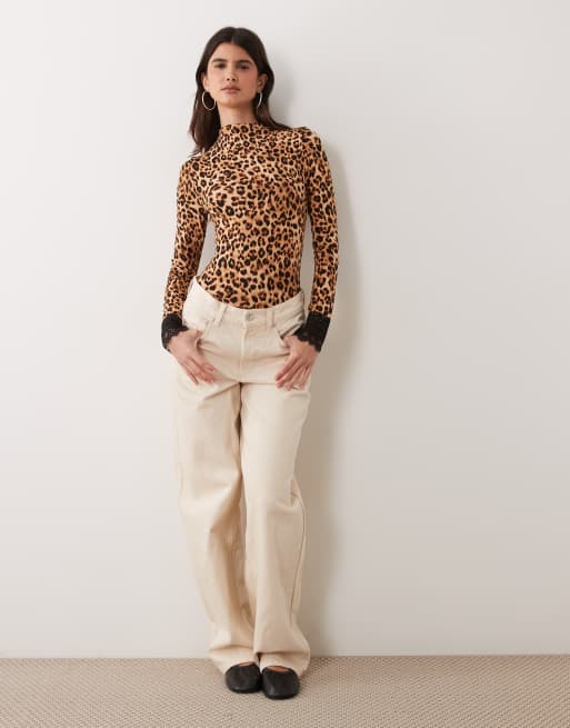 Miss Selfridge funnel neck bodysuit with lace cuff in animal print, 2 of 4