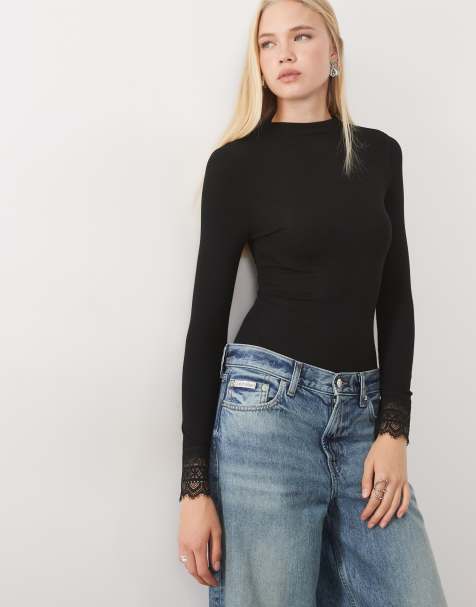 Miss Selfridge funnel neck bodysuit with lace cuff in black - view 1