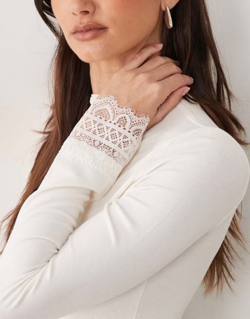 Miss Selfridge funnel neck bodysuit with lace cuff in white, 2 of 4