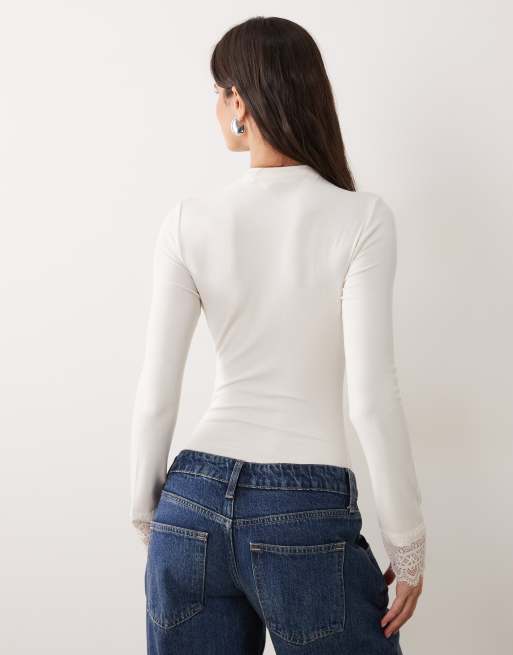 Miss Selfridge funnel neck bodysuit with lace cuff in white, 4 of 4
