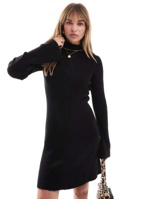 funnel neck knit swing mini dress in black