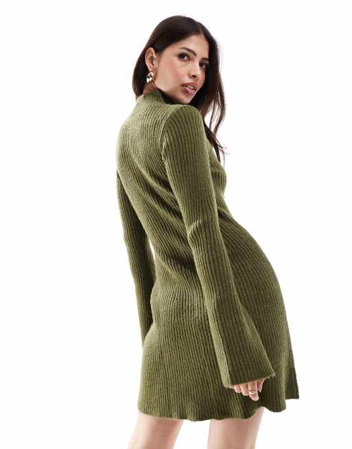 Miss Selfridge funnel neck knit swing mini dress in khaki, 2 of 4