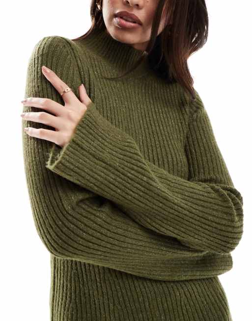 Miss Selfridge funnel neck knit swing mini dress in khaki, 3 of 4