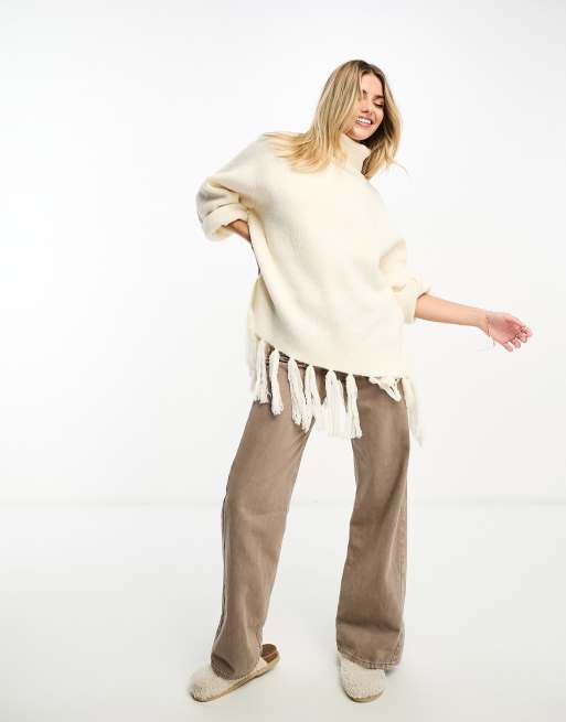 Miss Selfridge funnel neck tassle hem jumper in cream, 2 of 4