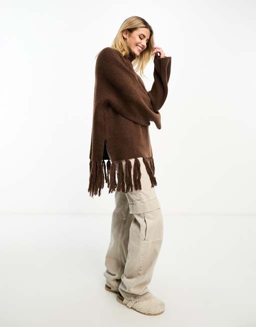 Miss Selfridge funnel neck tassle hem sweater in chocolate 