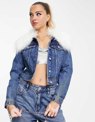 Miss Selfridge Fur Collar Denim Jacket In Dark Wash-blue