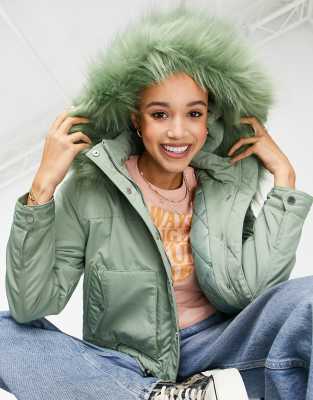 Miss Selfridge fur hood short parka in pale khaki-Green