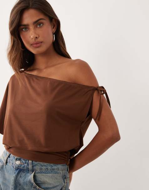 Miss Selfridge gathered off shoulder top with deep waistband and lace trim in brown - view 1