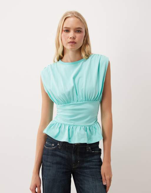 Miss Selfridge gathered shoulder peplum hem top with waistband in turquoise, 3 of 4