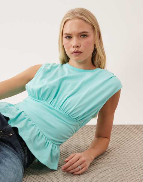 Miss Selfridge gathered shoulders peplum hem top with waistband in turquoise - view 1