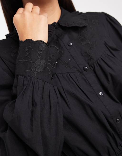 Miss Selfridge - Geborduurd overhemd van poplin met peplum in zwart, 2 van 4