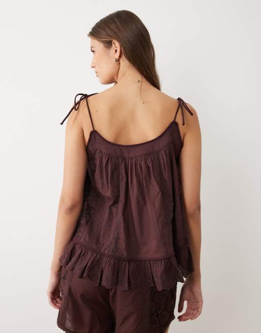 Miss Selfridge - Geborduurde camitop in chocoladebruin, 4 van 4
