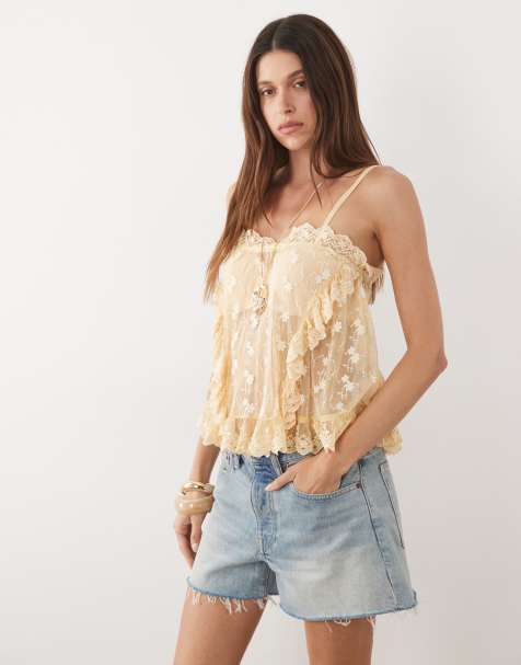 Miss Selfridge geborduurde kanten cami met ruche in ecru - view 1