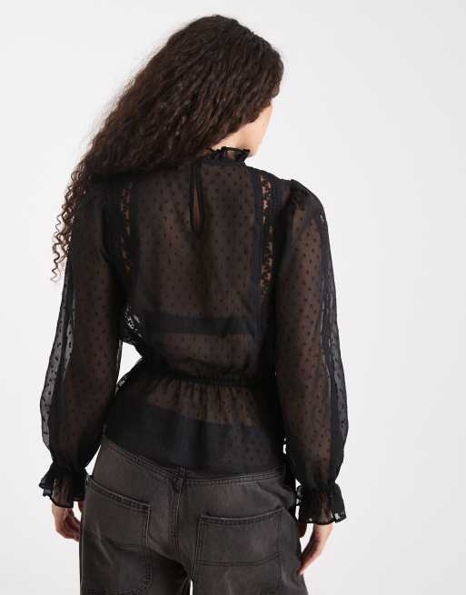 Miss Selfridge - Geborduurde Victoriaanse blouse van chiffon in zwart, 3 van 4