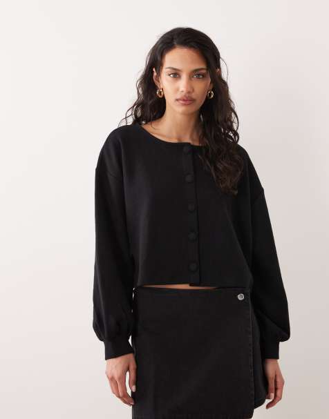 Miss Selfridge - Geborsteld geribbeld vest met ballonmouwen in zwart - view 1