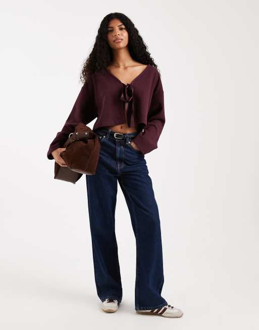 Miss Selfridge - Geborsteld geribbeld vest met satijnen strik in paars, 2 van 4