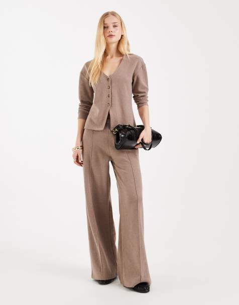 Miss Selfridge - Geborstelde geribbelde broek in bruin, deel van co-ord set - view 1