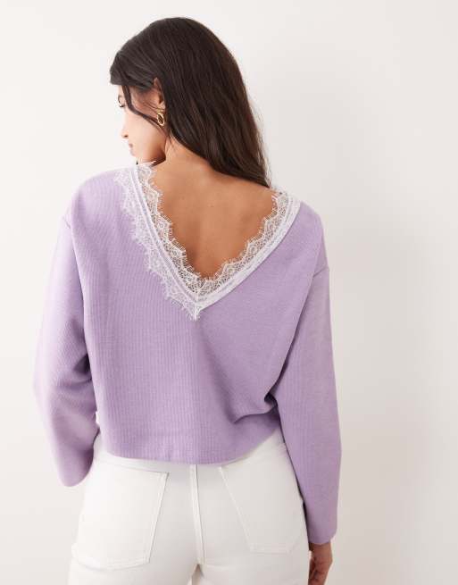 Miss Selfridge - Geborstelde geribbelde top met V-hals en kant in lila, 4 van 4