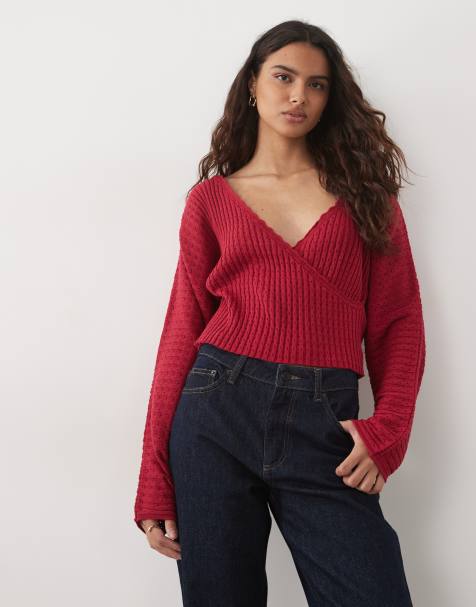 Miss Selfridge gebreid batwing wikkelvest framboos - view 1