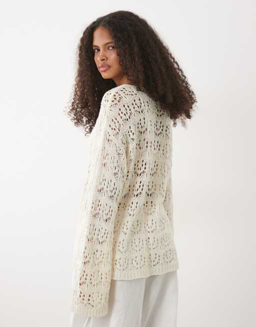 Miss Selfridge - Gebreid boho vest met gestrikte voorkant in crème, 4 van 4
