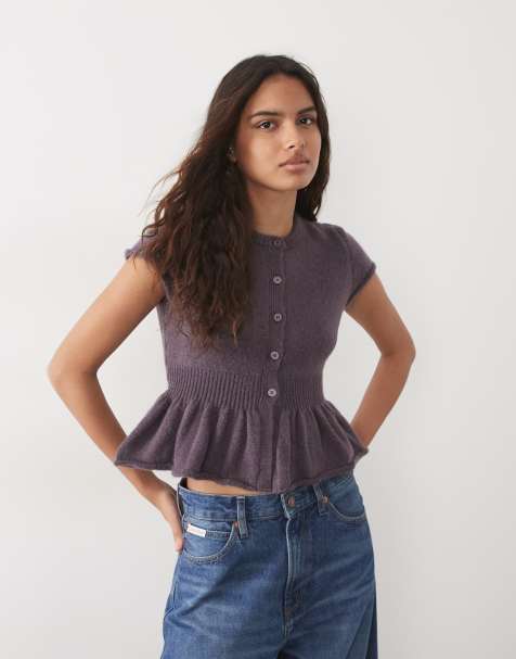Miss Selfridge gebreid peplum vest in donkerpaars - view 1