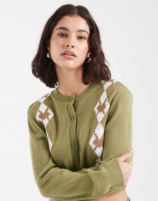 Miss Selfridge - Gebreid vest met Argyle motief in olijfgroen, 4 van 4