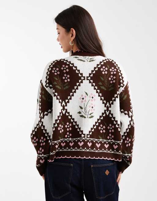 Miss Selfridge - Gebreid vest met argyle-ruit en bloemenpatroon, 2 van 4