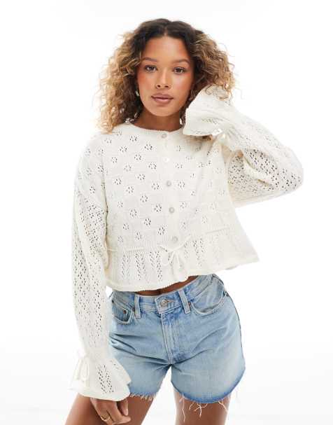 Miss Selfridge - Gebreid vest met gestrikte taille en peplum in crème - view 1
