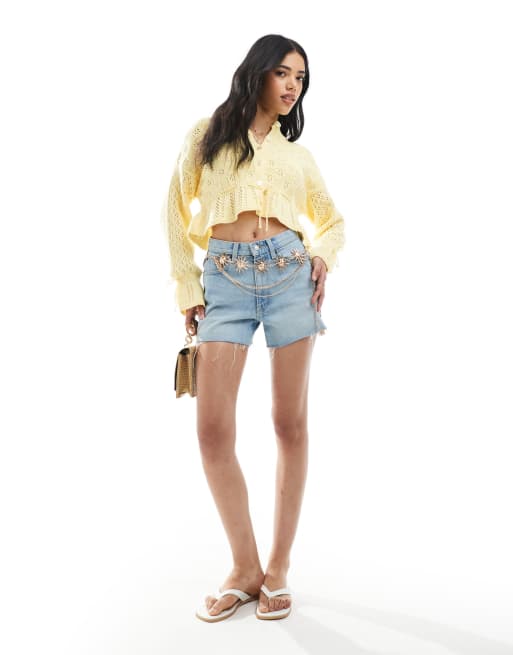 Miss Selfridge - Gebreid vest met gestrikte taille en ruches in lichtgeel, 2 van 4