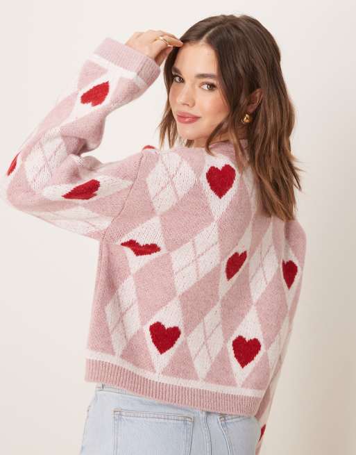 Miss Selfridge - Gebreid vest met hartjes in roze en rood, 3 van 4