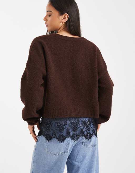 Miss Selfridge - Gebreid vest met kanten zoom in chocoladebruin, 3 van 4