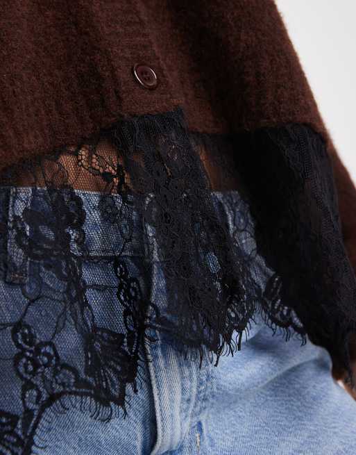 Miss Selfridge - Gebreid vest met kanten zoom in chocoladebruin, 4 van 4
