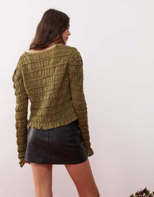 Miss Selfridge - Gebreid vest met lange mouwen in olijfgroen, 4 van 4
