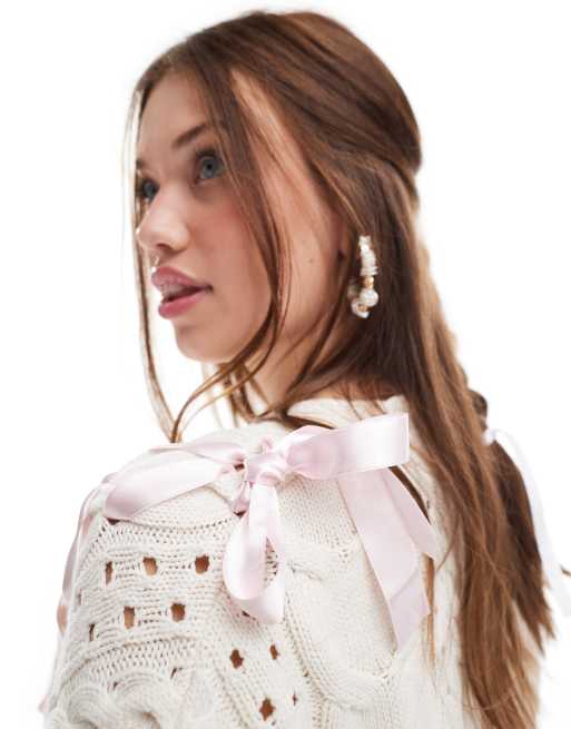 Miss Selfridge - Gebreid vest met strikken van satijn in gebroken wit, 3 van 4