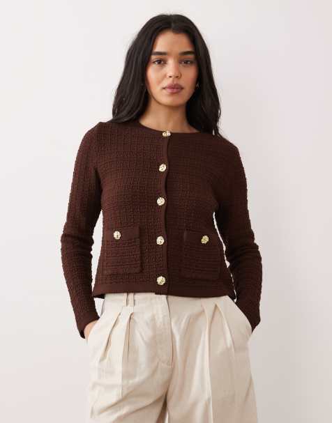 Miss Selfridge - Gebreid vest met textuur en knoopsluiting in chocoladebruin - view 1