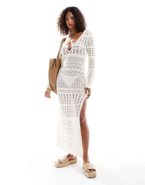 Miss Selfridge - Gebreide gehaakte lange jurk met O-ring en lange mouwen in crème - view 1