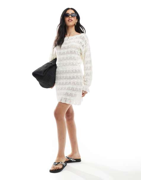 Miss Selfridge - Gebreide gehaakte mini jurk met gestrikte taille in crème - view 1