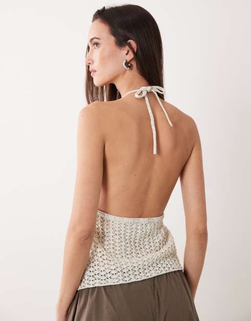 Miss Selfridge - Gebreide gehaakte top met halternek in goud, 4 van 4