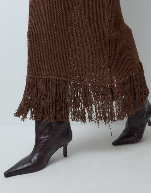 Miss Selfridge gebreide midi-rok met franje in chocoladebruin co-ord, 5 van 5