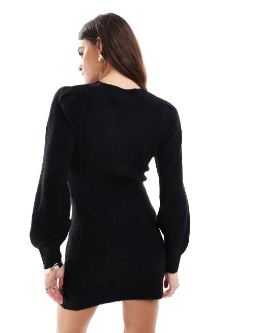 Miss Selfridge - Gebreide mini-jurk met ronde hals en pofmouwen in zwart