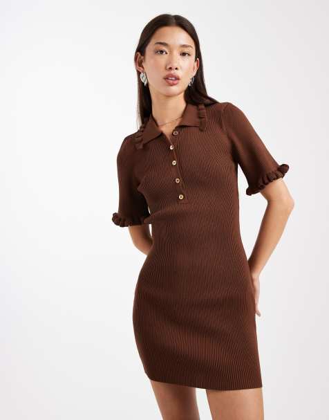 Miss Selfridge - Gebreide mini jurk met ruches in bruin - view 1