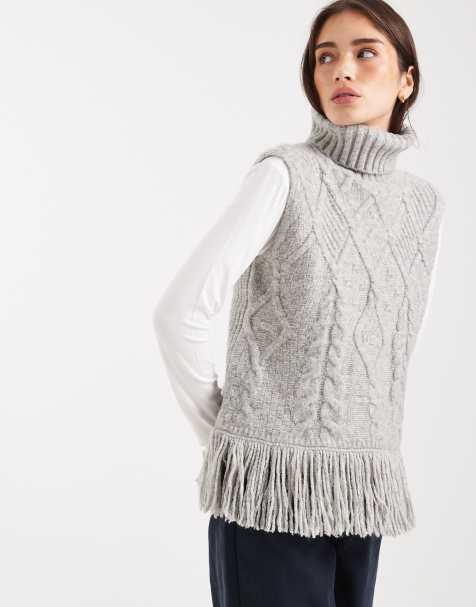 Miss Selfridge - Gebreide oversized tanktop met kabels en franje in gemêleerd grijs - view 1