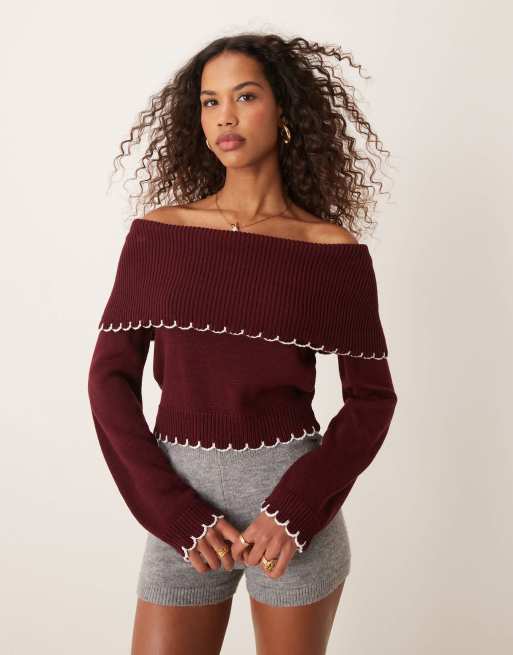 Miss Selfridge - Gebreide top met bardot halslijn en festonsteek