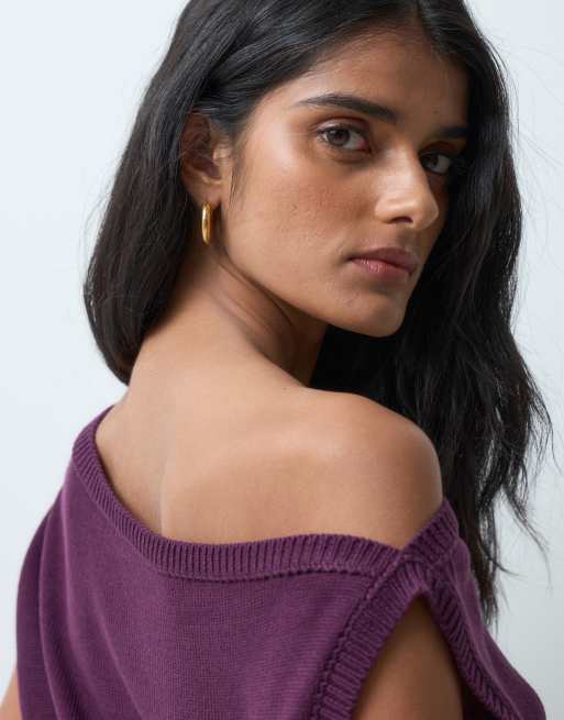 Miss Selfridge gebreide top met blote schouders in paars, 4 van 5